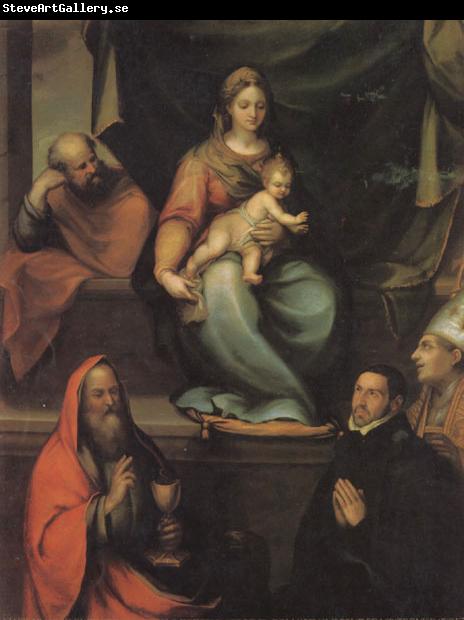 Prado, Blas del The Holy Family,with SS.Ildefonsus and john the Evangelist,and the Master Alonso de Villegas